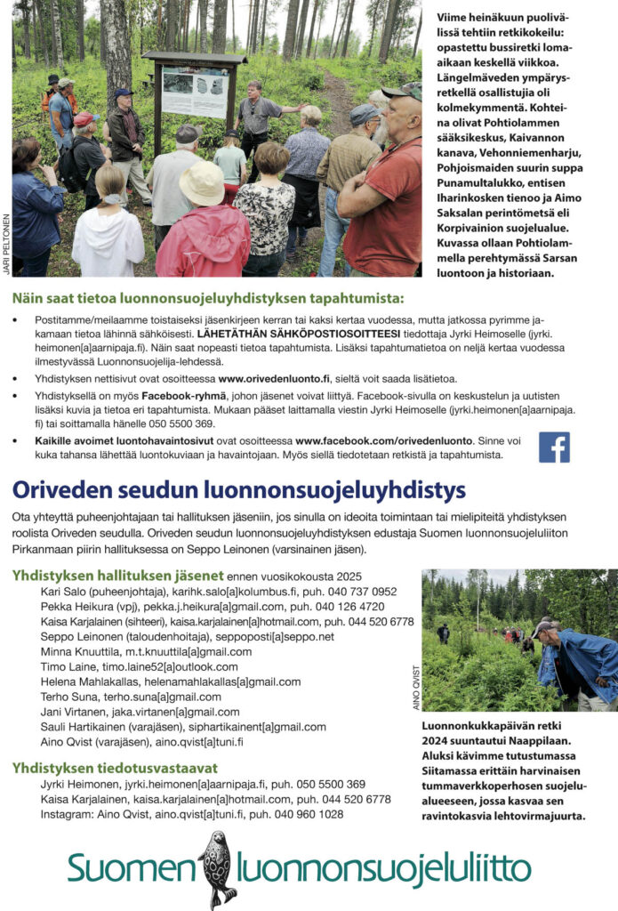 Oriveden seudun luonnonsuojeluyhdistys r.y. Jäsenkirje 1/2025 (kevät)