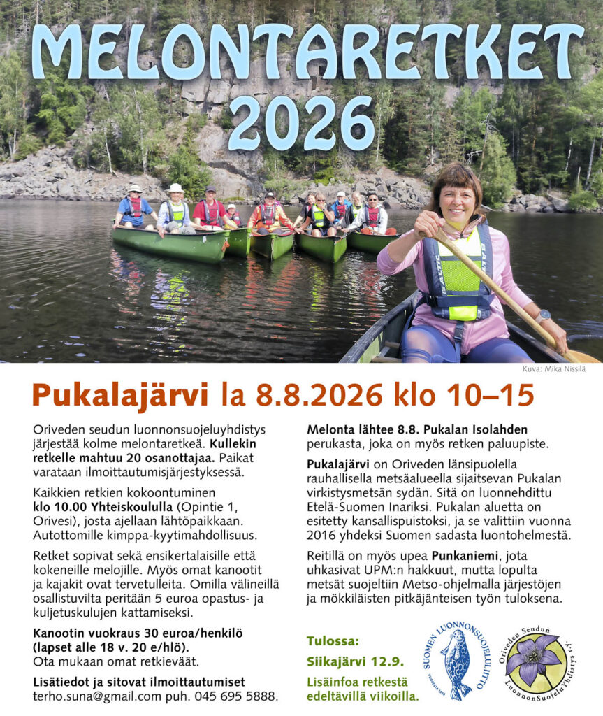 MELONTARETKI PUKALAJÄRVI 8.8.2026 Oriveden seudun luonnonsuojeluyhdistys järjestää opastetun melontaretken Pukalajärvelle. Kuva: Mika Nissilä