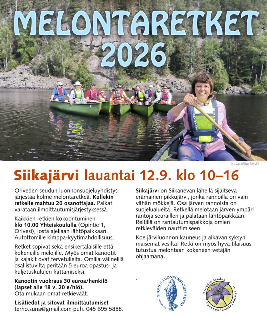 MELONTARETKI SIIKAJÄRVI 12.9.2026 Oriveden seudun luonnonsuojeluyhdistys järjestää opastetun melontaretken Siikajärvelle. Kuva: Mika Nissilä